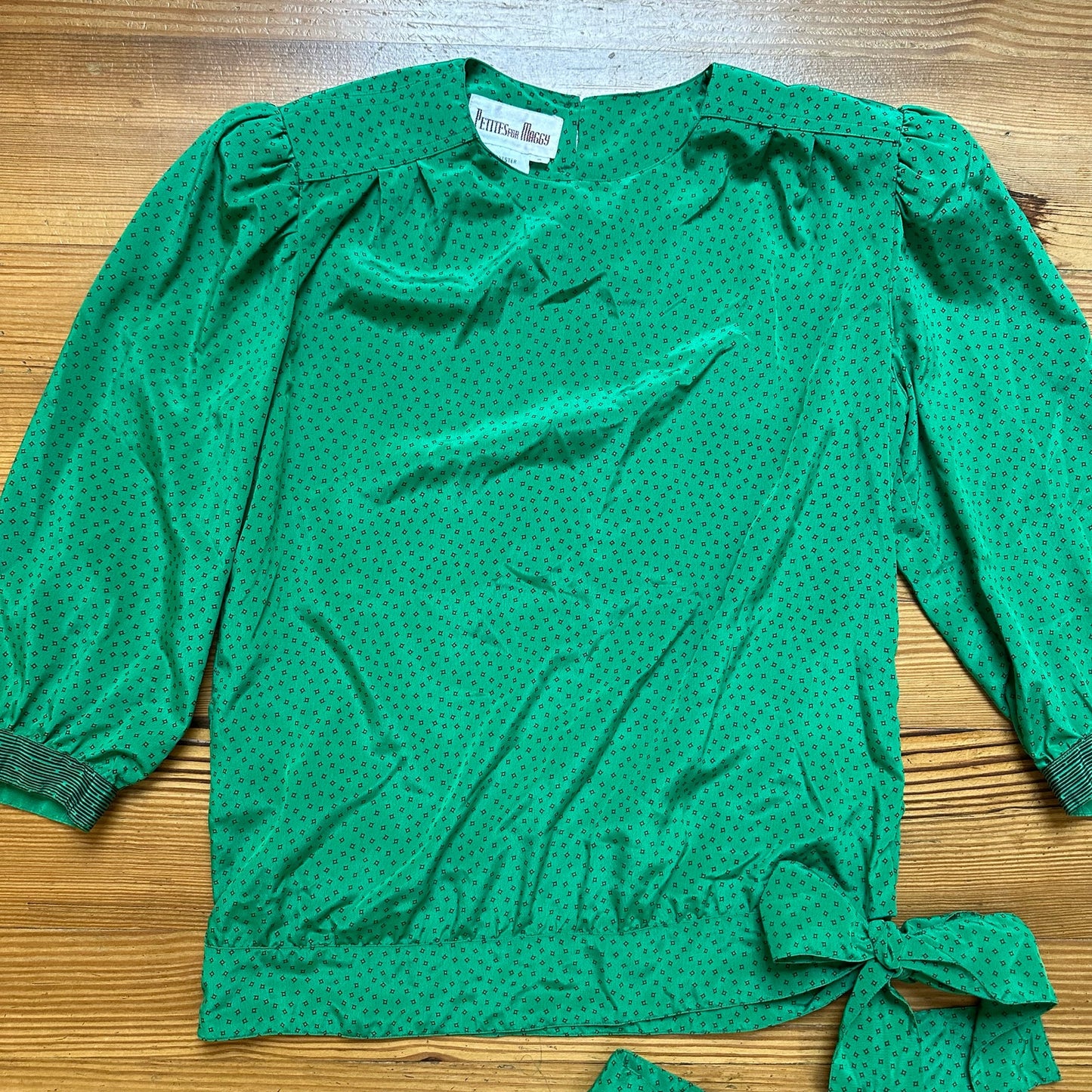 Petites for Maggy vtg green bubble sleeve shirt midi pleated skirt set SIZE 6