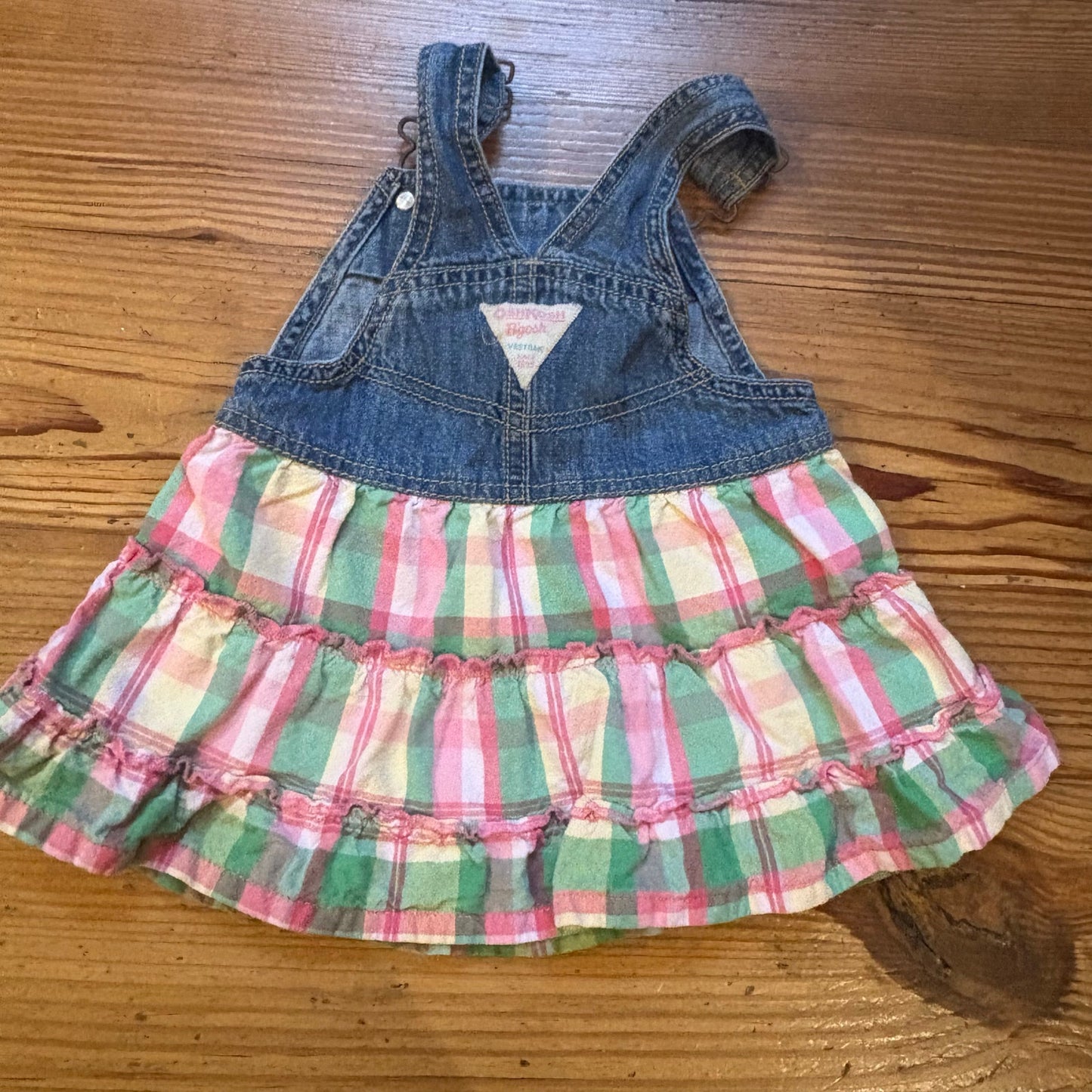 OshKosh B'gosh 90s blue jean pink green plaid baby overall ruffle skirt SIZE 12M