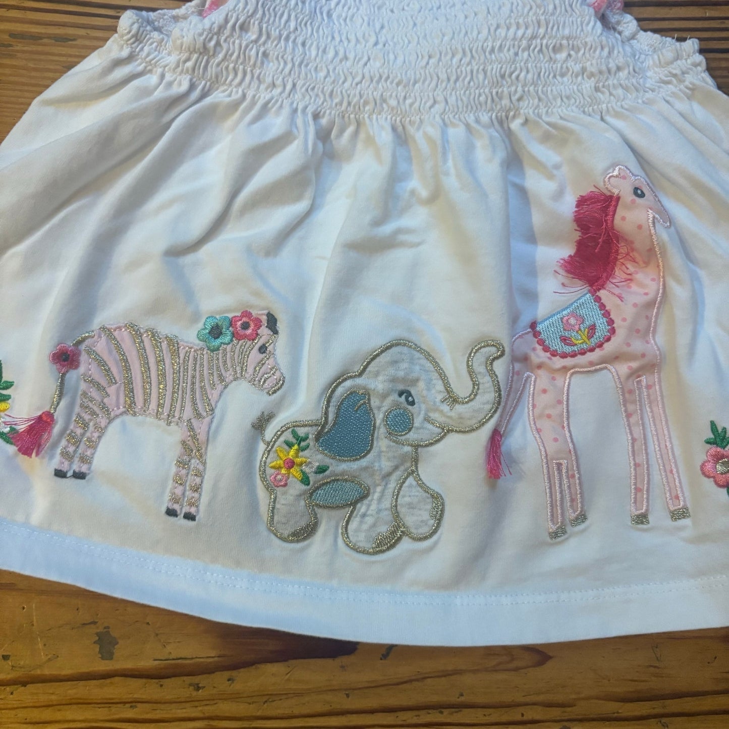 White ruffle tank pastel animal embroidered smocked shirt SIZE 3T