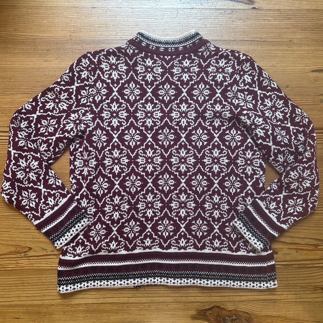 Appleseeds red white winter snowflake pattern full zip womens sweater SIZE MP