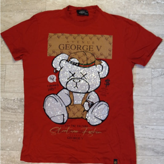 Avenue George V Paris red bear jeweled short sleeve mens shirt SIZE XL
