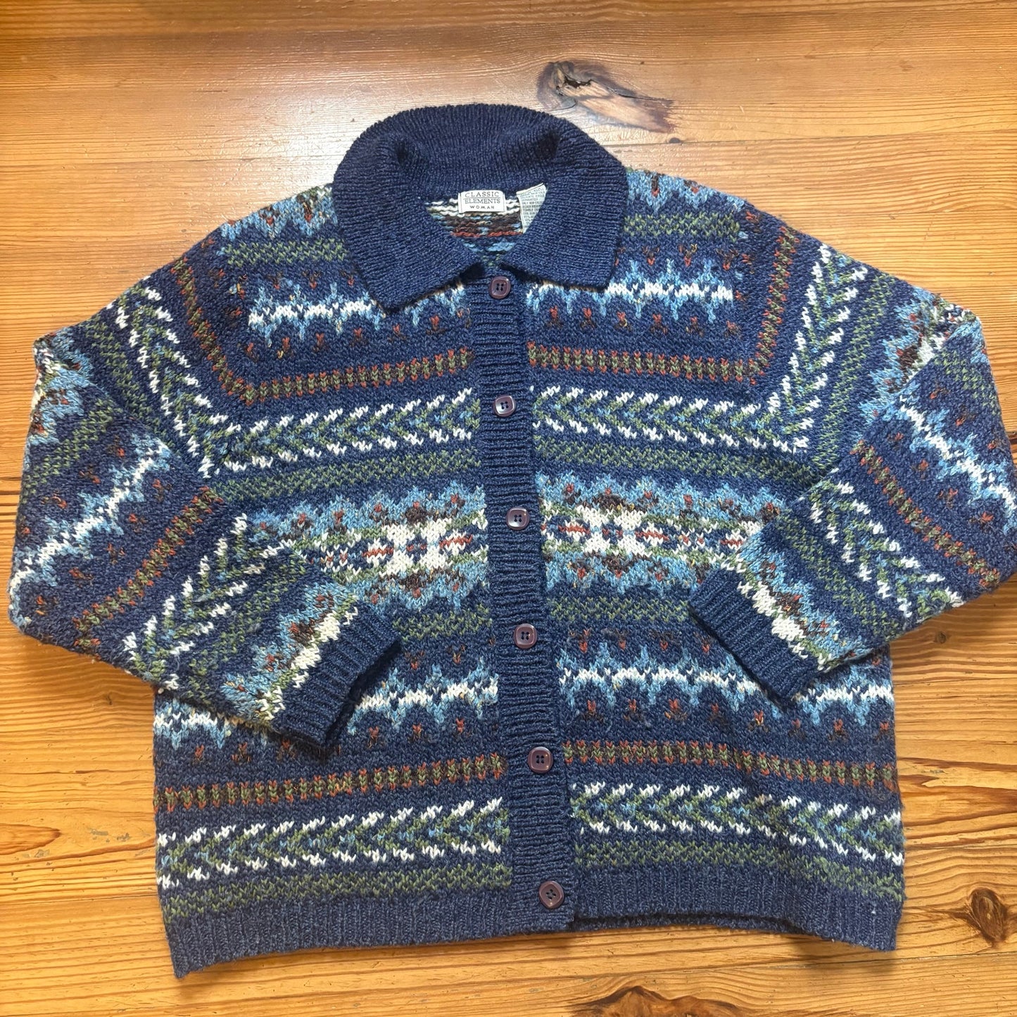 Classic Elements blue knit button up wool sweater SIZE XL