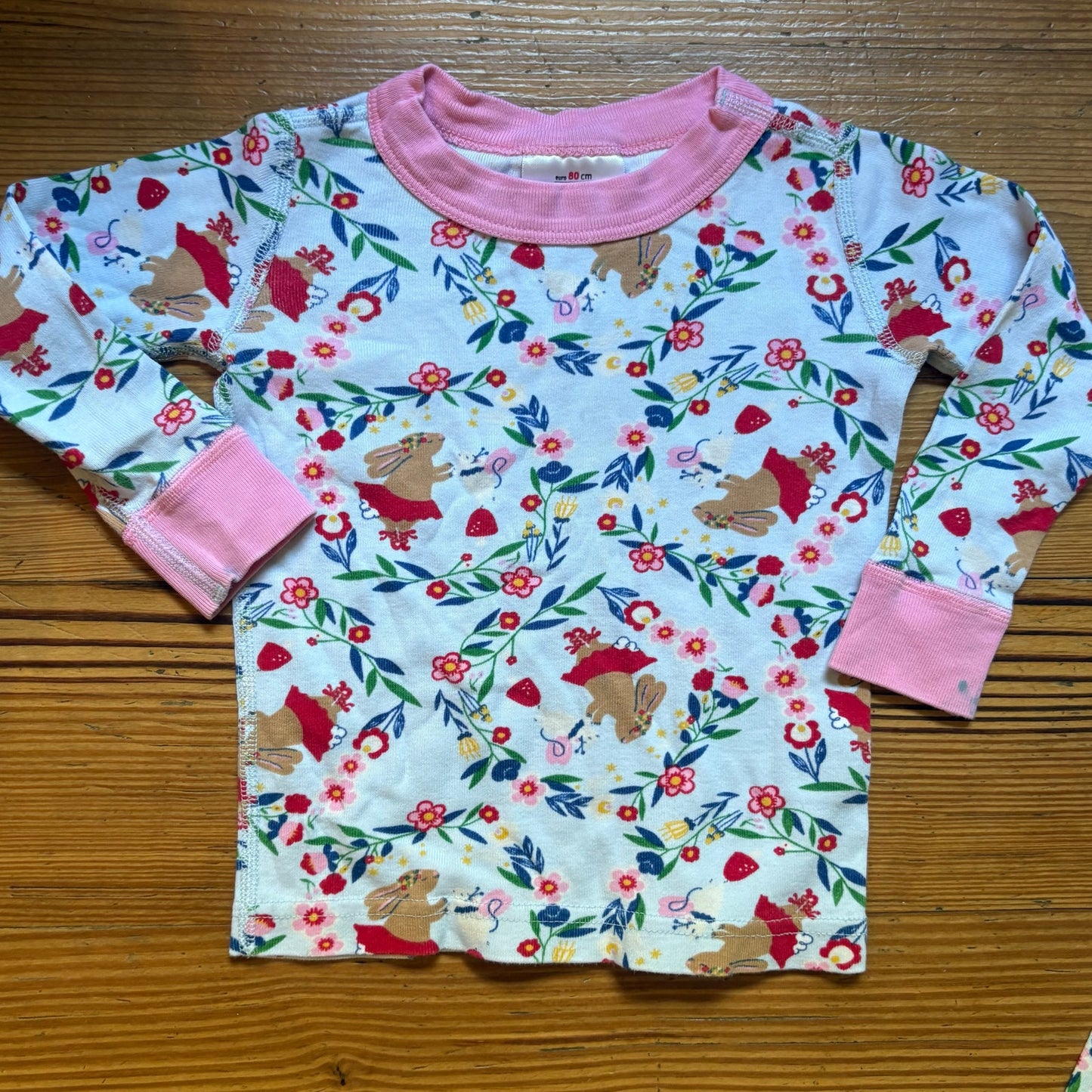Hanna Andersson blue floral bunny pink trim pajama set SIZE 18-24M