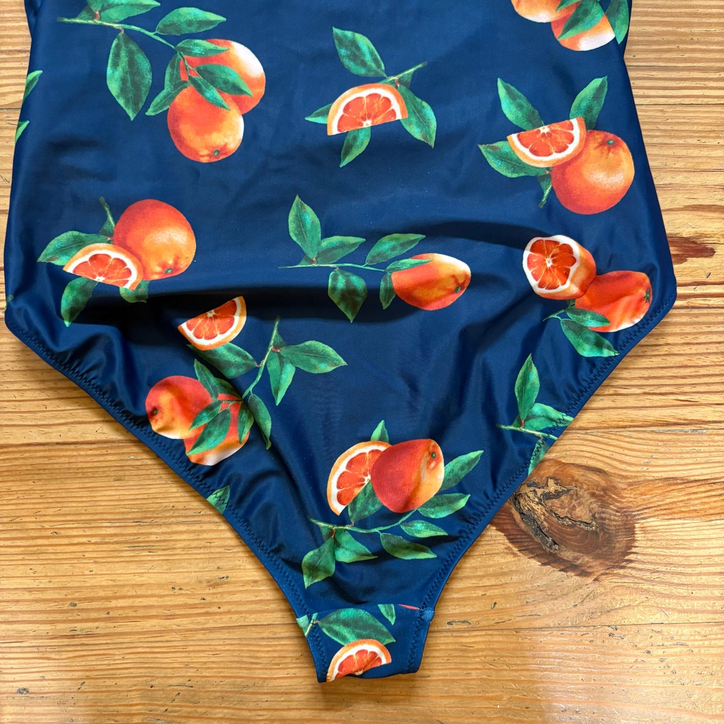 Old Navy navy orange fruit tie shoulder ruched plunge one piece swimsuit SIZE XL
