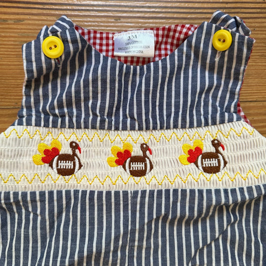 Blue white striped turkey football smocked overall one piece SIZE 3M