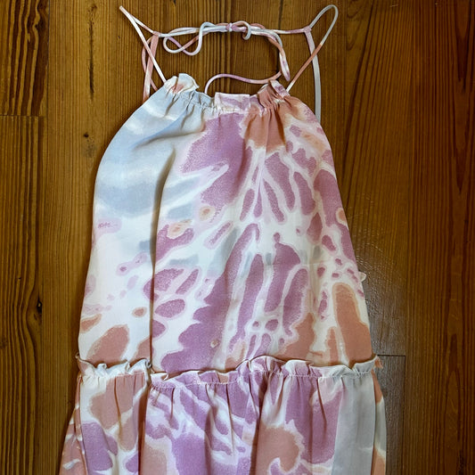 Lush pink orange watercolor sleeveless tiered dress SIZE S