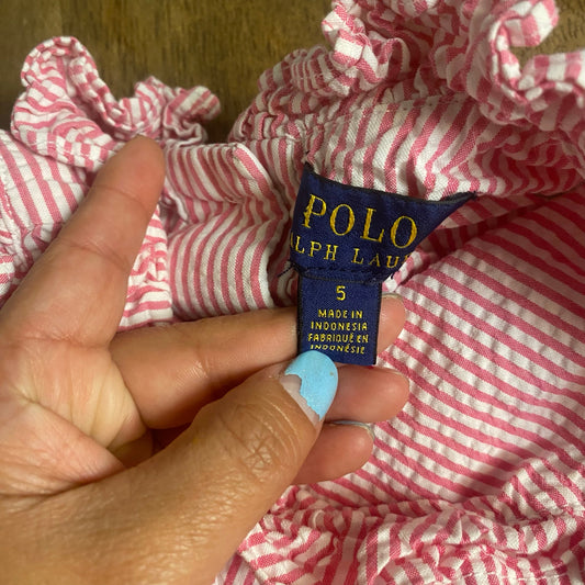 Polo Ralph Lauren red white seersucker ruffle collar tiered girls dress SIZE 5