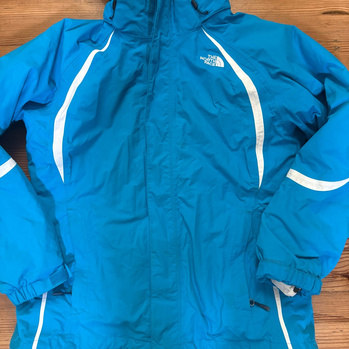 The North Face blue white sweater lined hooded ski womens winter coat SIZE L