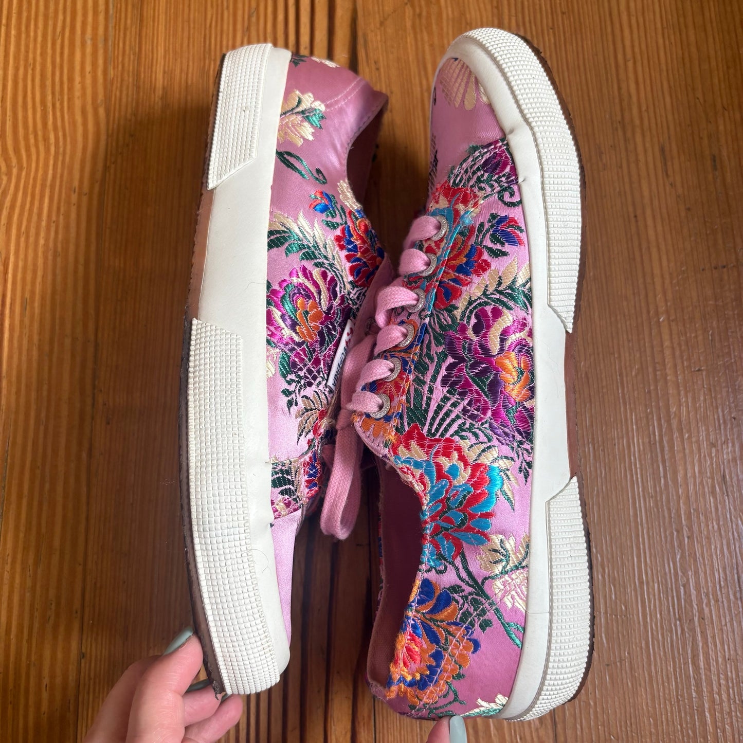 Superga pink floral colorful satin low top lace sneakers SIZE 10
