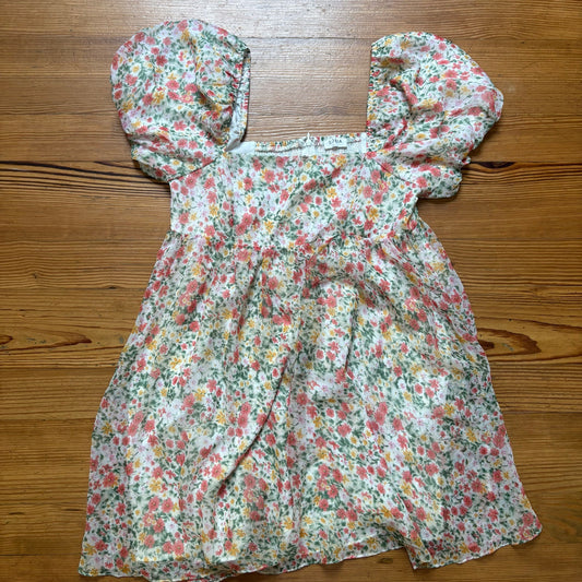 Storia white pink floral sheer overlay puff sleeve smocked mini dress SIZE L
