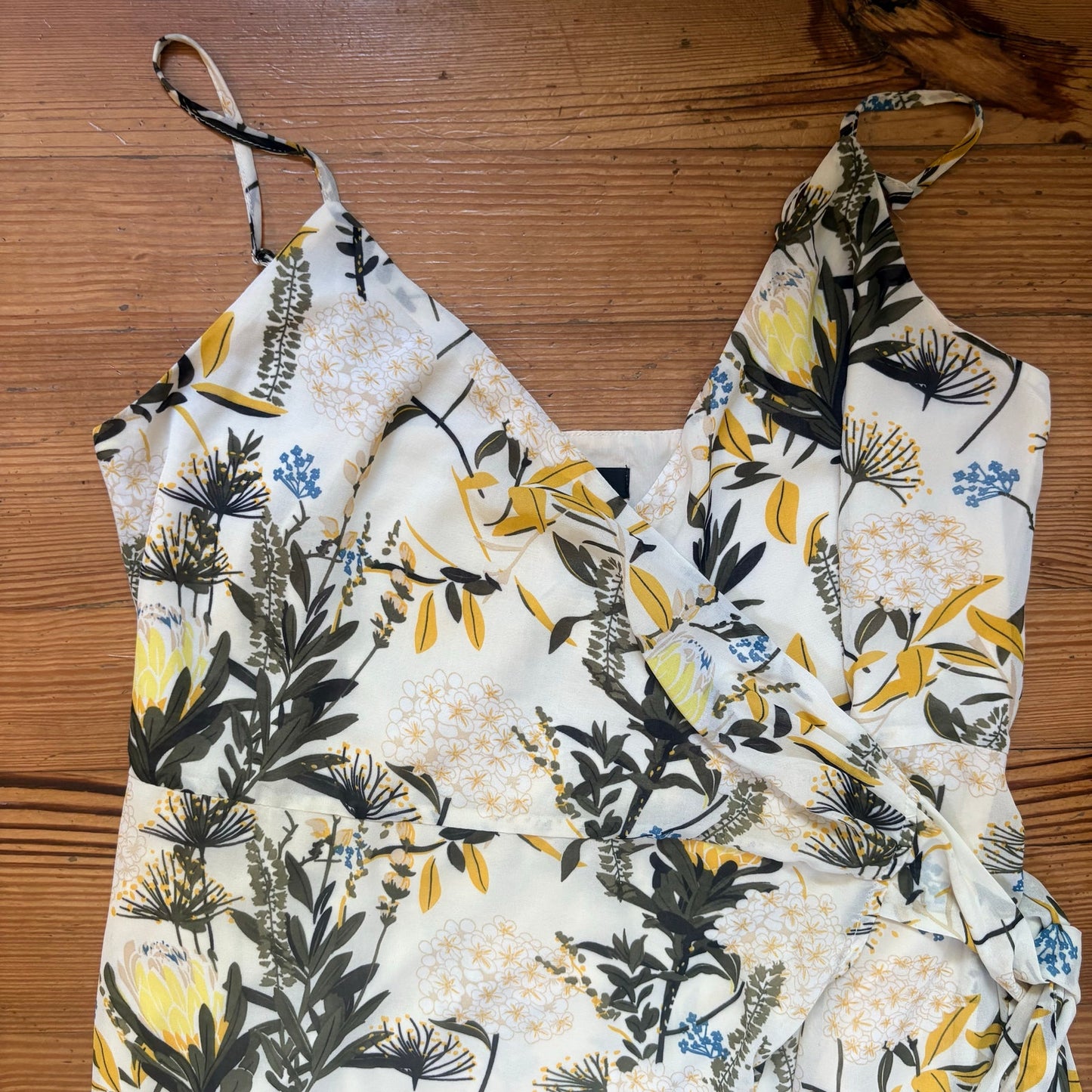Lulus butter yellow green floral print wrap midi dress SIZE XL