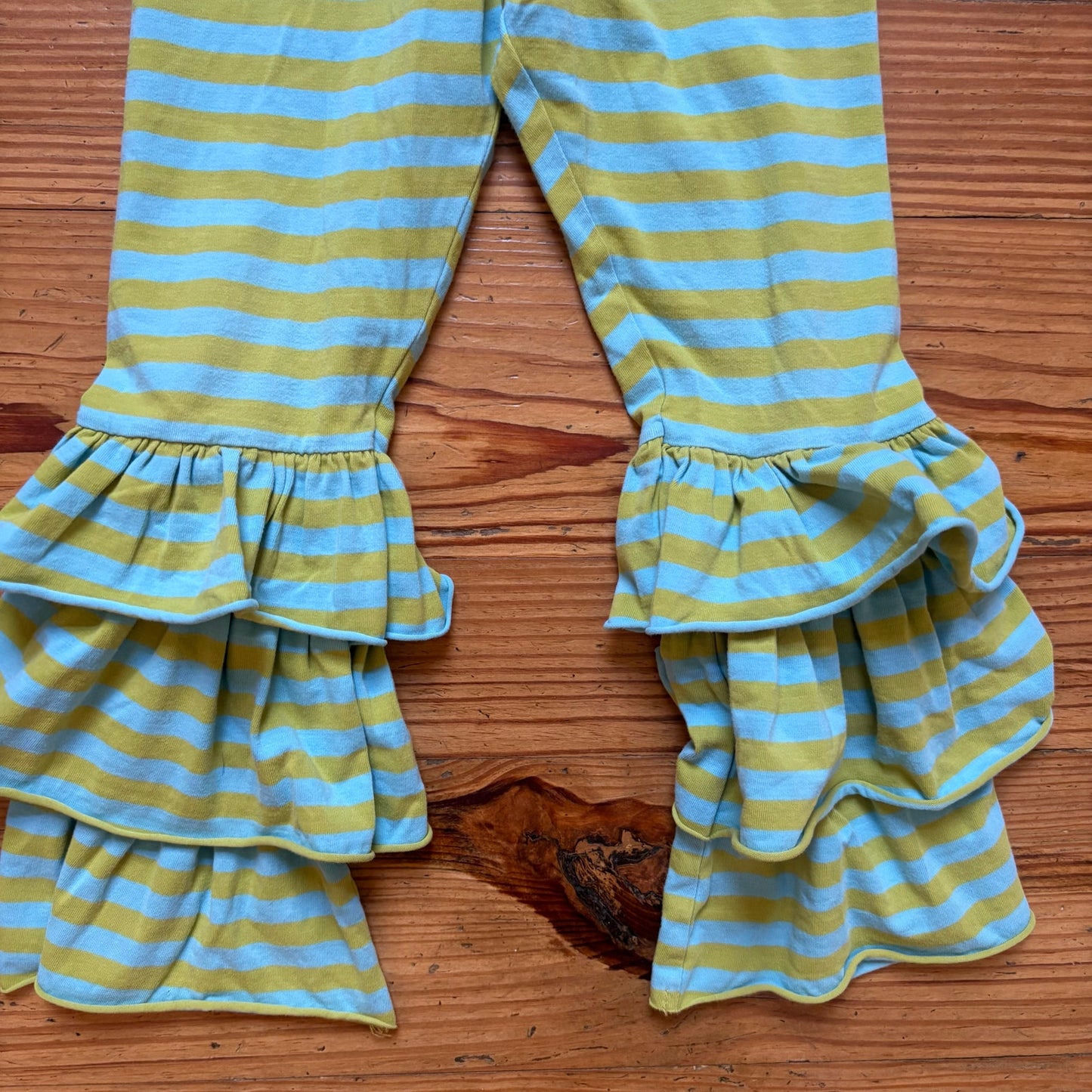 Matilda Jane green blue striped ruffle bottom elastic waist stretch pants SIZE 6