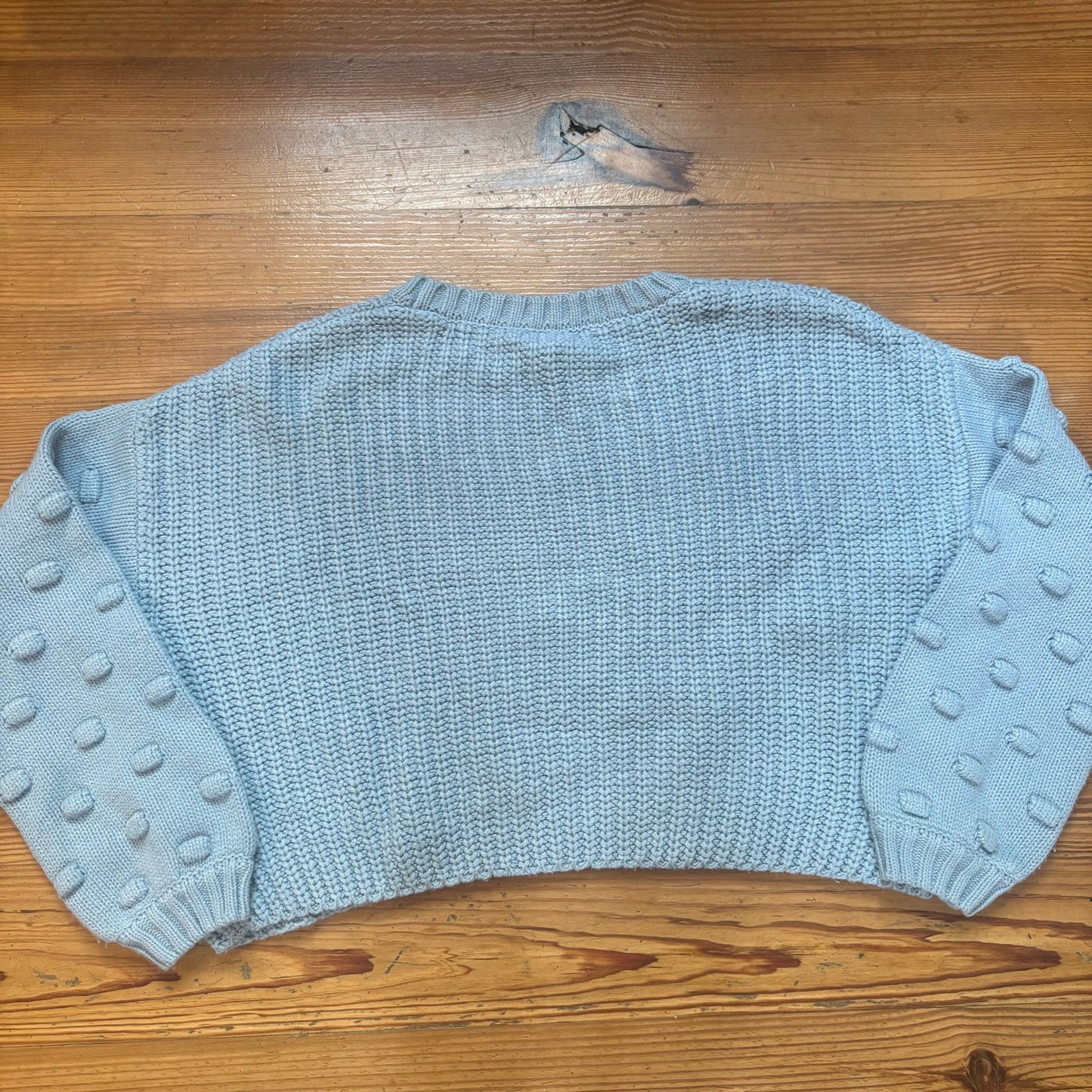 Moon & Madison light blue know pom pom puff sleeve cropped sweater SIZE L