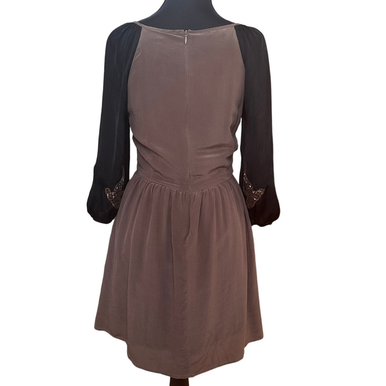 Line & Dot brown black sequin bird applique sheer sleeve silk dress SIZE S
