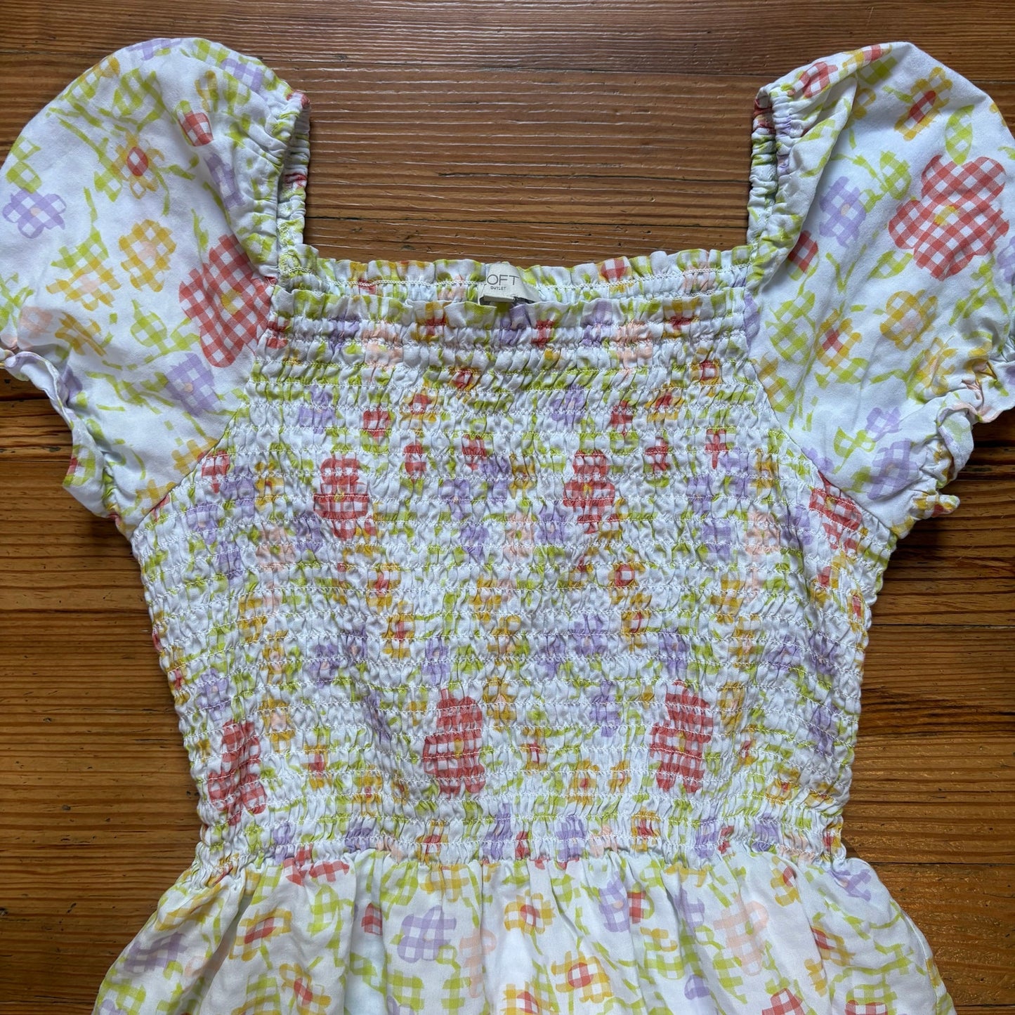 LOFT pastel floral smocked short sleeve puff sleeve midi dress SIZE L