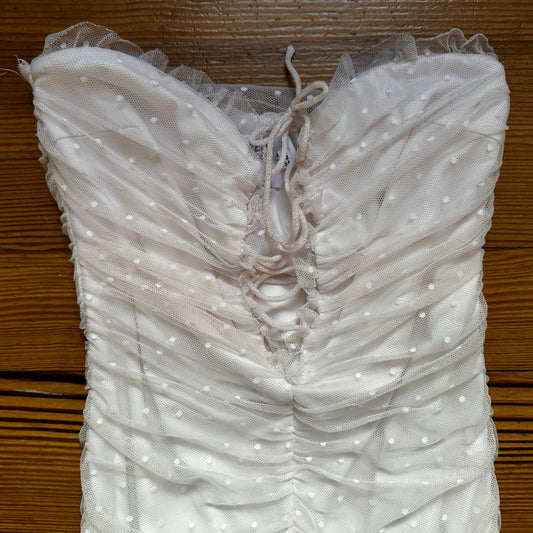 Princess Polly pastel pink sheer polka dot overlay ruched strapless dress SIZE 2