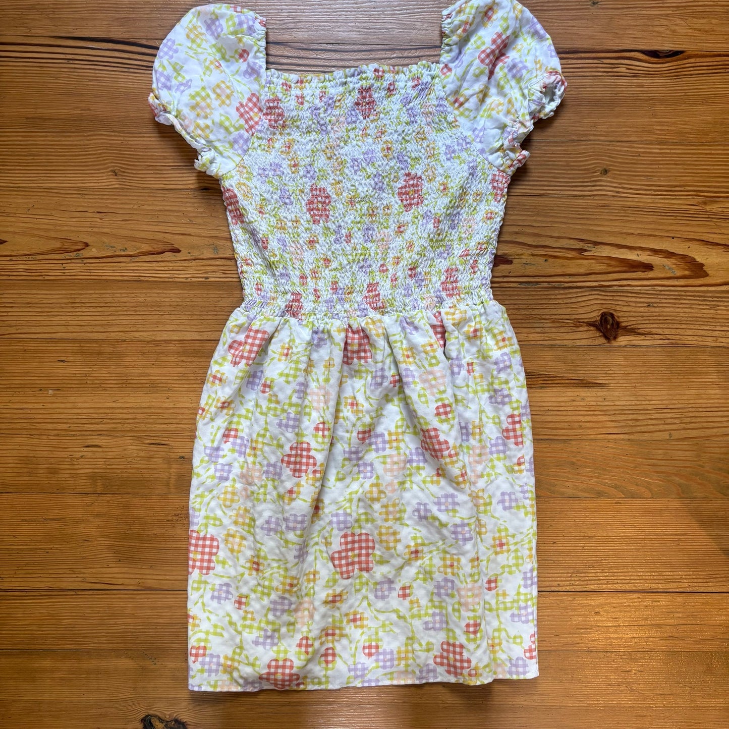 LOFT pastel floral smocked short sleeve puff sleeve midi dress SIZE L