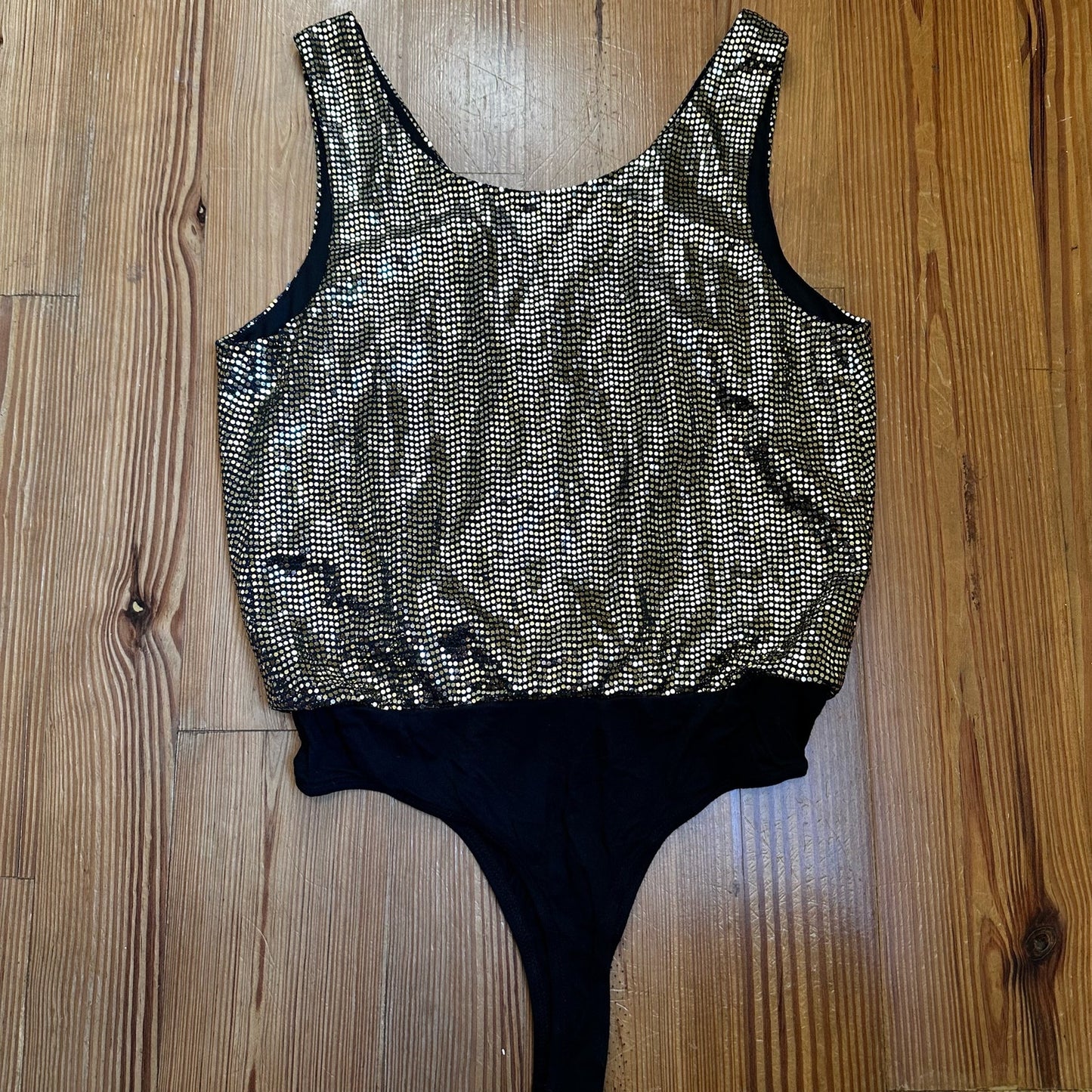 Dee Elly gold sequin plunge neckline tank bodysuit SIZE S