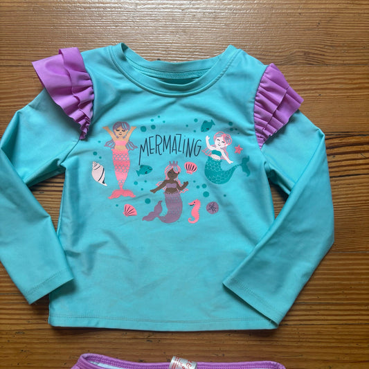 Cat & Jack teal mermaid rash guard two piece ruffle swimsuit SIZE 2T