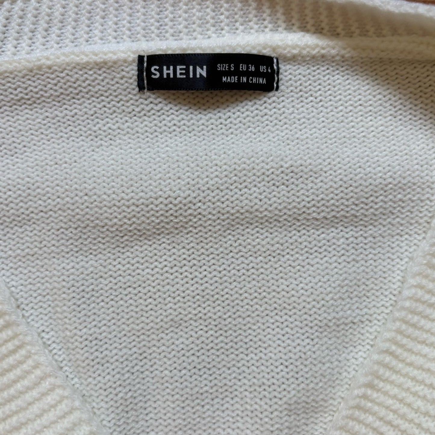 Shein ivory sad teddy bear patches bubble sleeve cropped cardigan sweater SIZE S