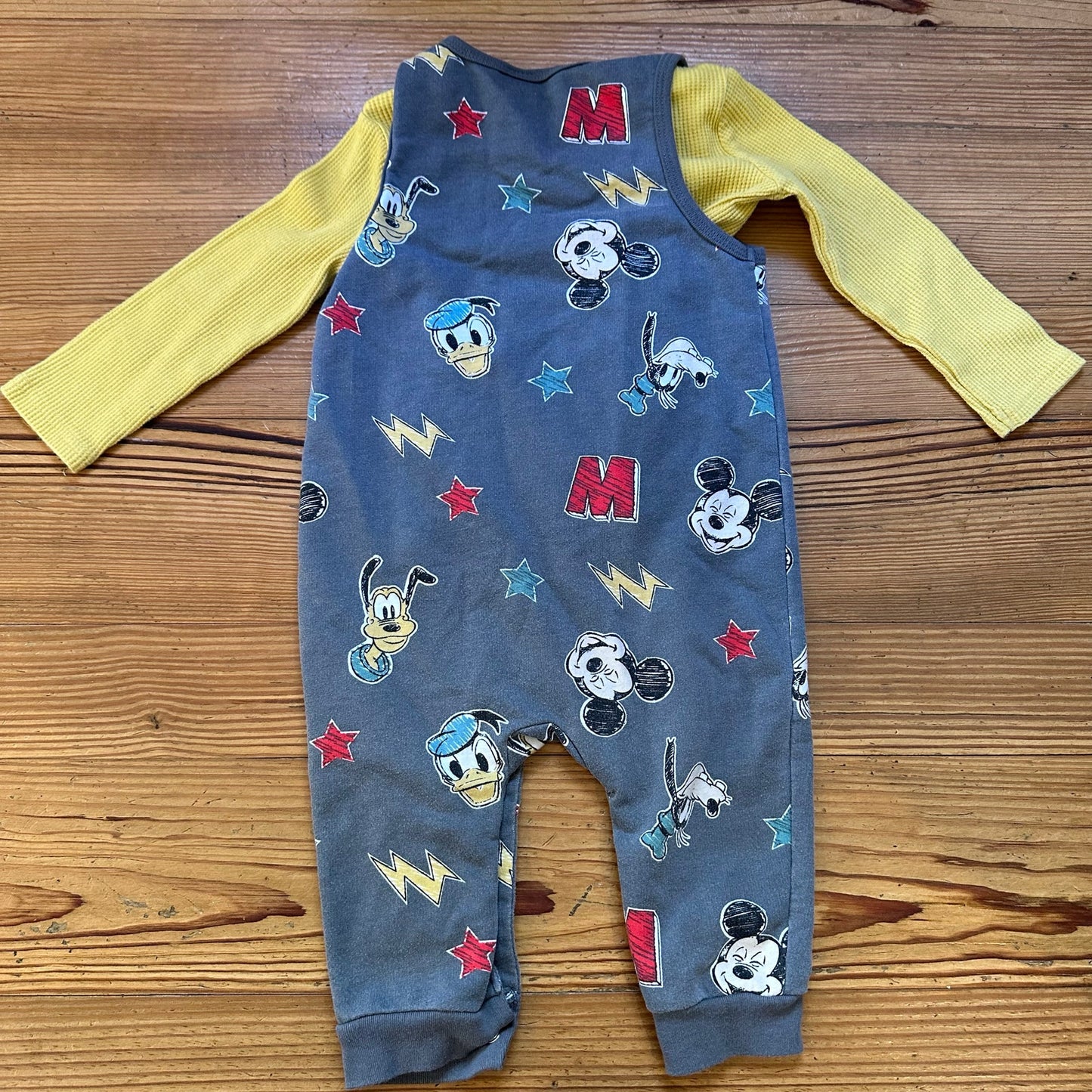 Disney yellow long sleeve bodysuit gray Disney overall pants set SIZE 24M