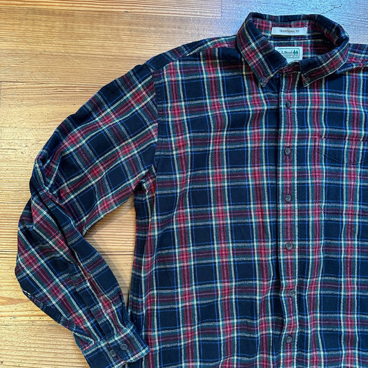 L.L.Bean blue red plaid heavy cotton long sleeve button up shirt SIZE L