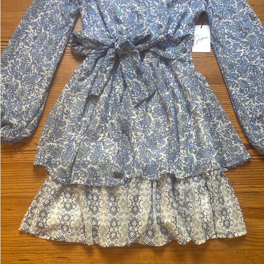 NWT Japna blue floral tiered long puff sleeve tie waist mini dress SIZE XS