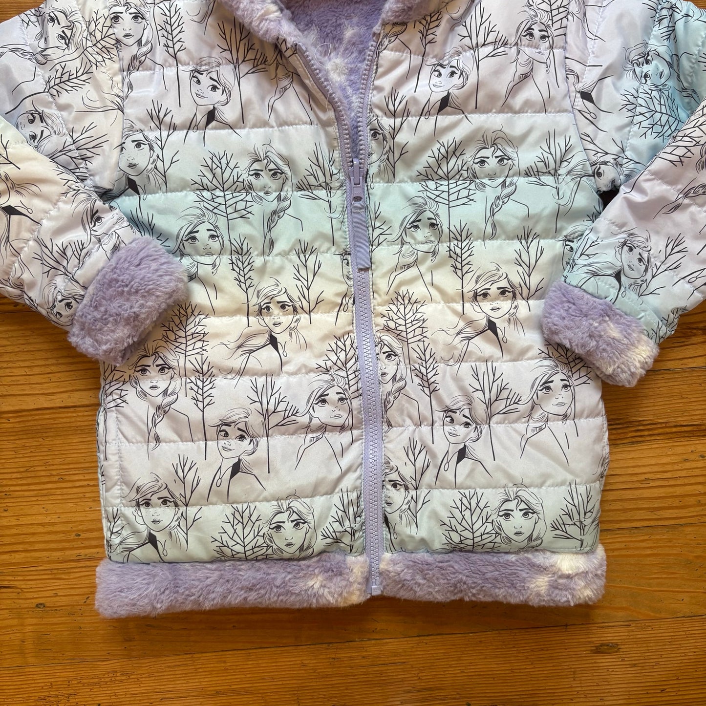 Disney frozen blue pink reversible puffer fleece lined girls coat SIZE 6