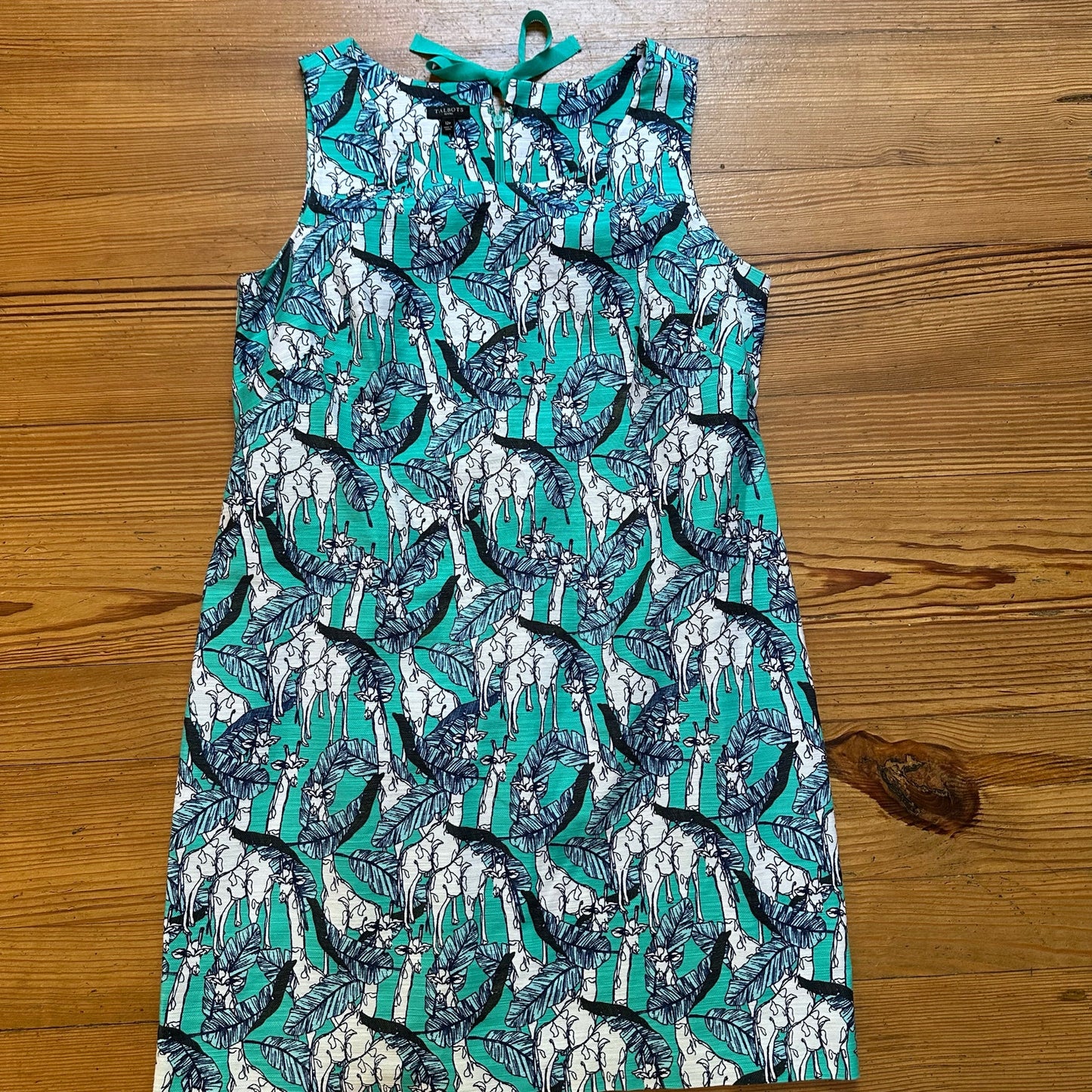 Talbots teal blue giraffe pattern sleeveless shift dress SIZE 12P