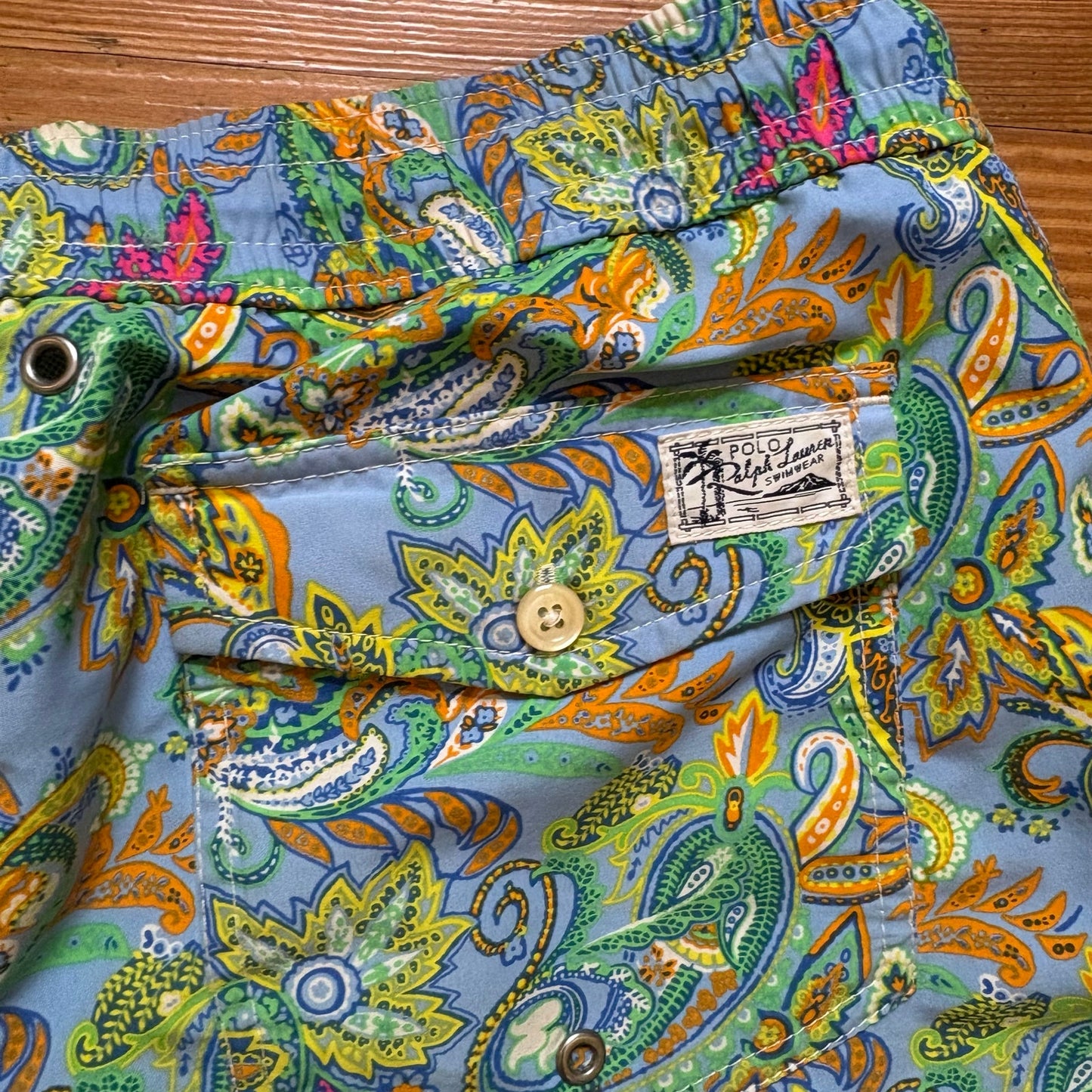 Polo Ralph Lauren blue green paisley floral lined mens swimsuit SIZE S