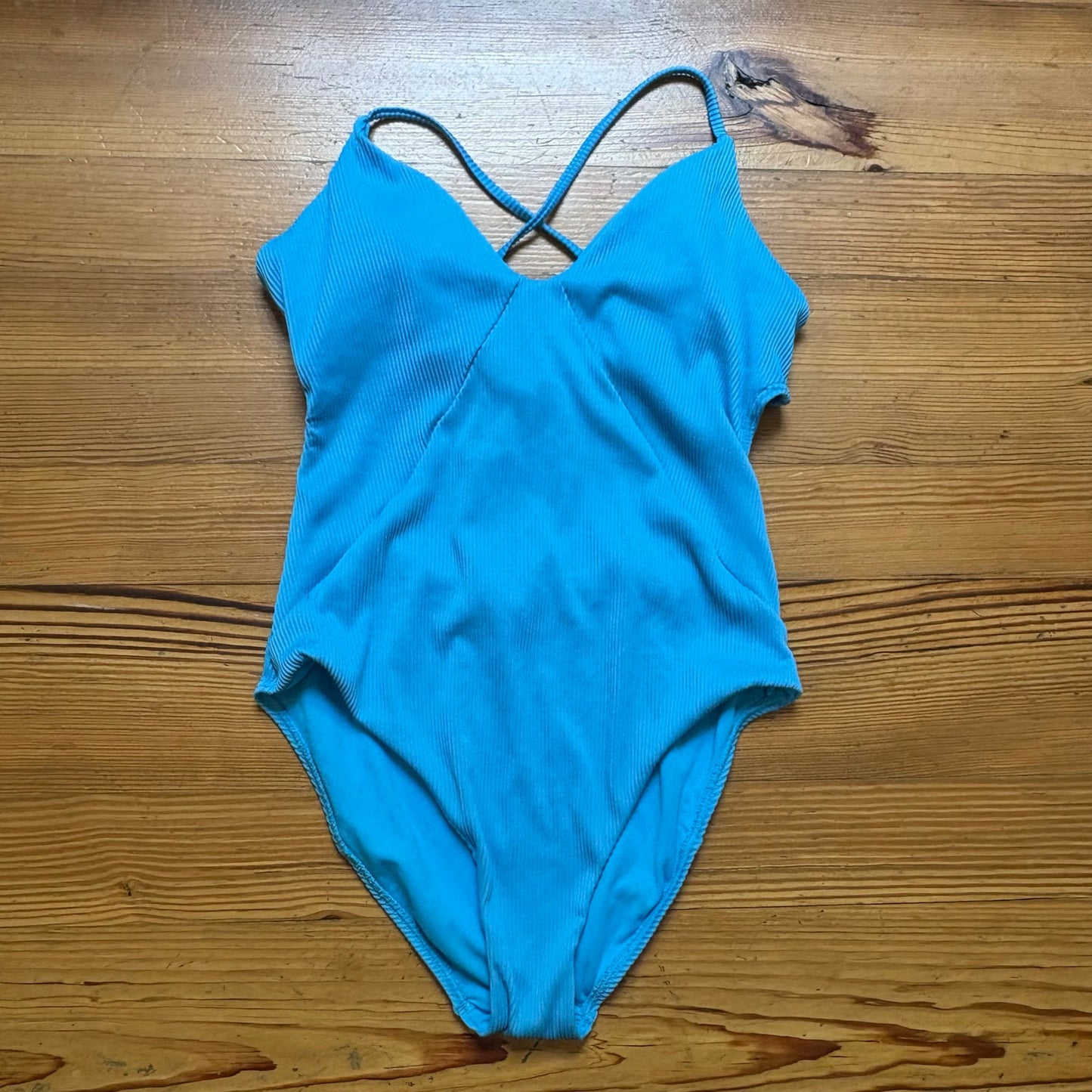 SO aqua blue ribbed lace open back moderate coverage one piece swimsuit SIZE L