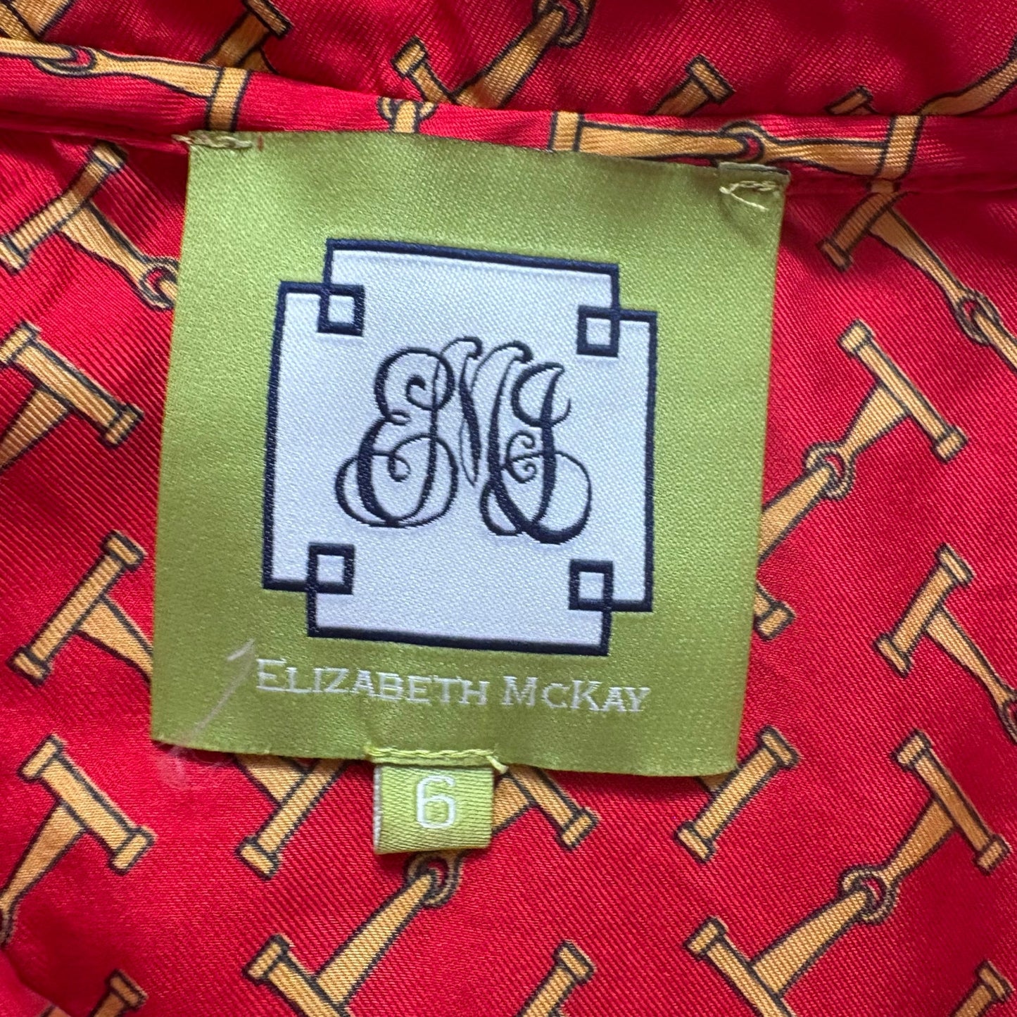 Elizabeth McKay red silk horse ruffle collar long sleeve blouse shirt SIZE 6