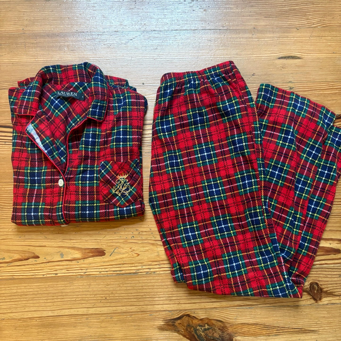 Ralph Lauren red blue plaid plaid fleece long sleeve pant sleep set SIZE S
