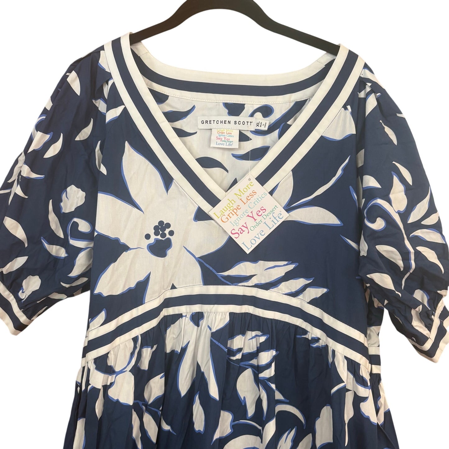 NWT Gretchen Scott Viviers blue white floral puff sleeve midi dress SIZE XL