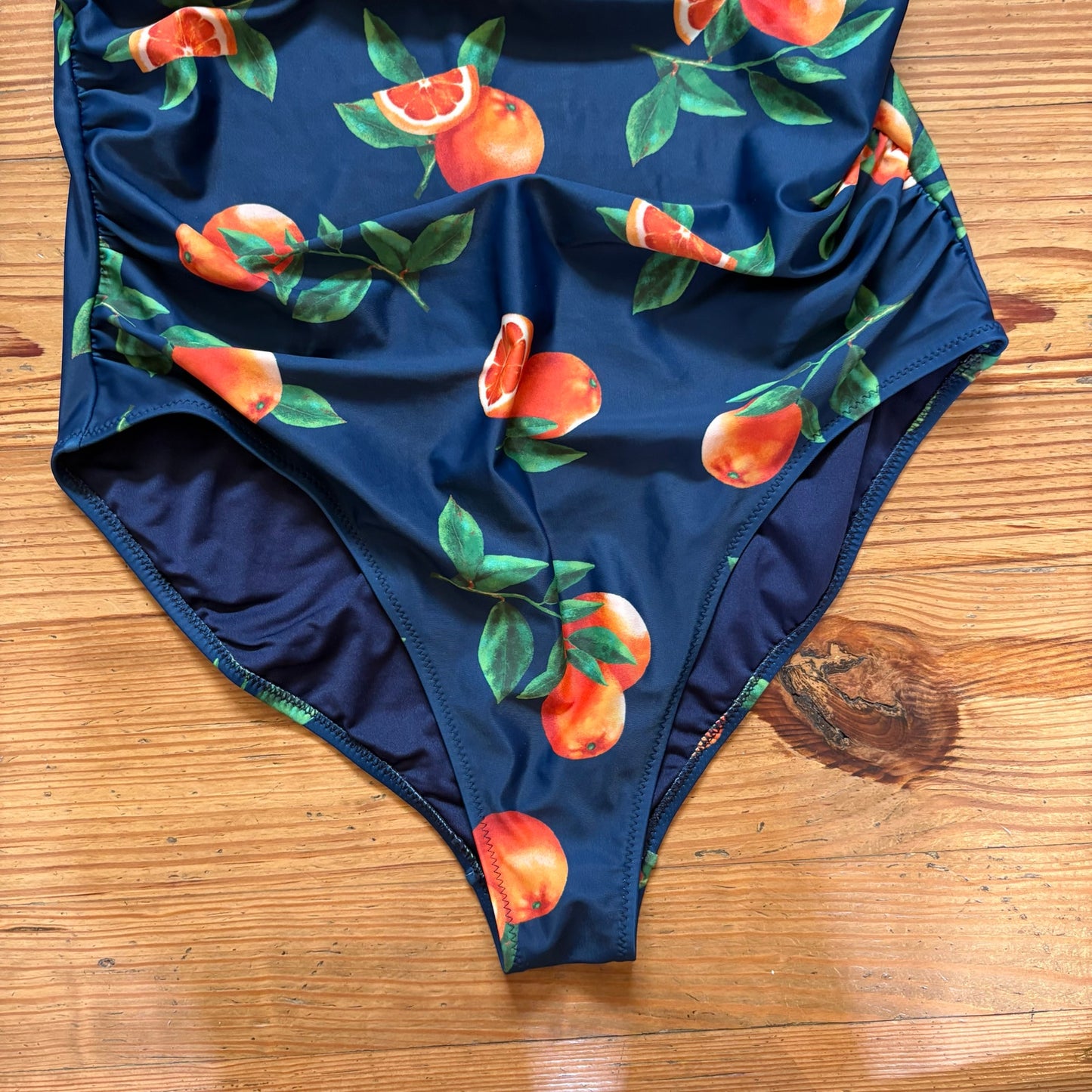 Old Navy navy orange fruit tie shoulder ruched plunge one piece swimsuit SIZE XL