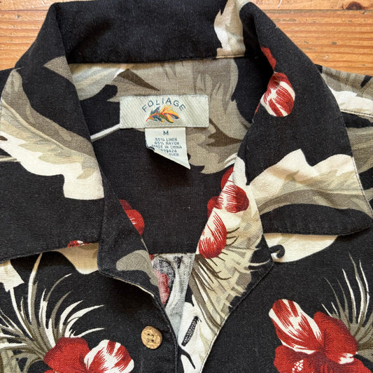 Foliage black green floral linen blend short sleeve button up mens shirt SIZE M