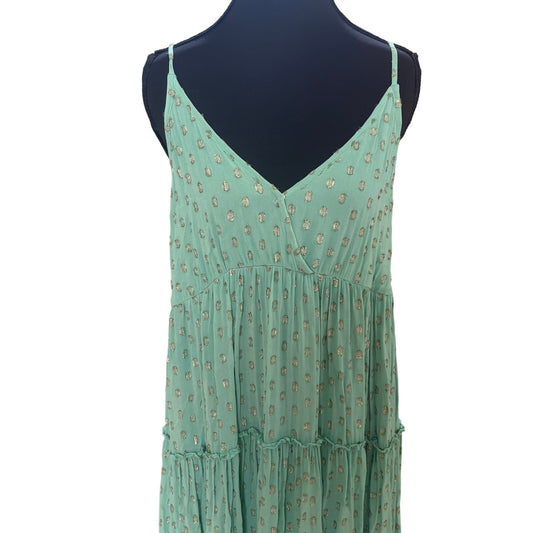 En Creme mint green gold polka dot plunge neckline maxi dress SIZE M