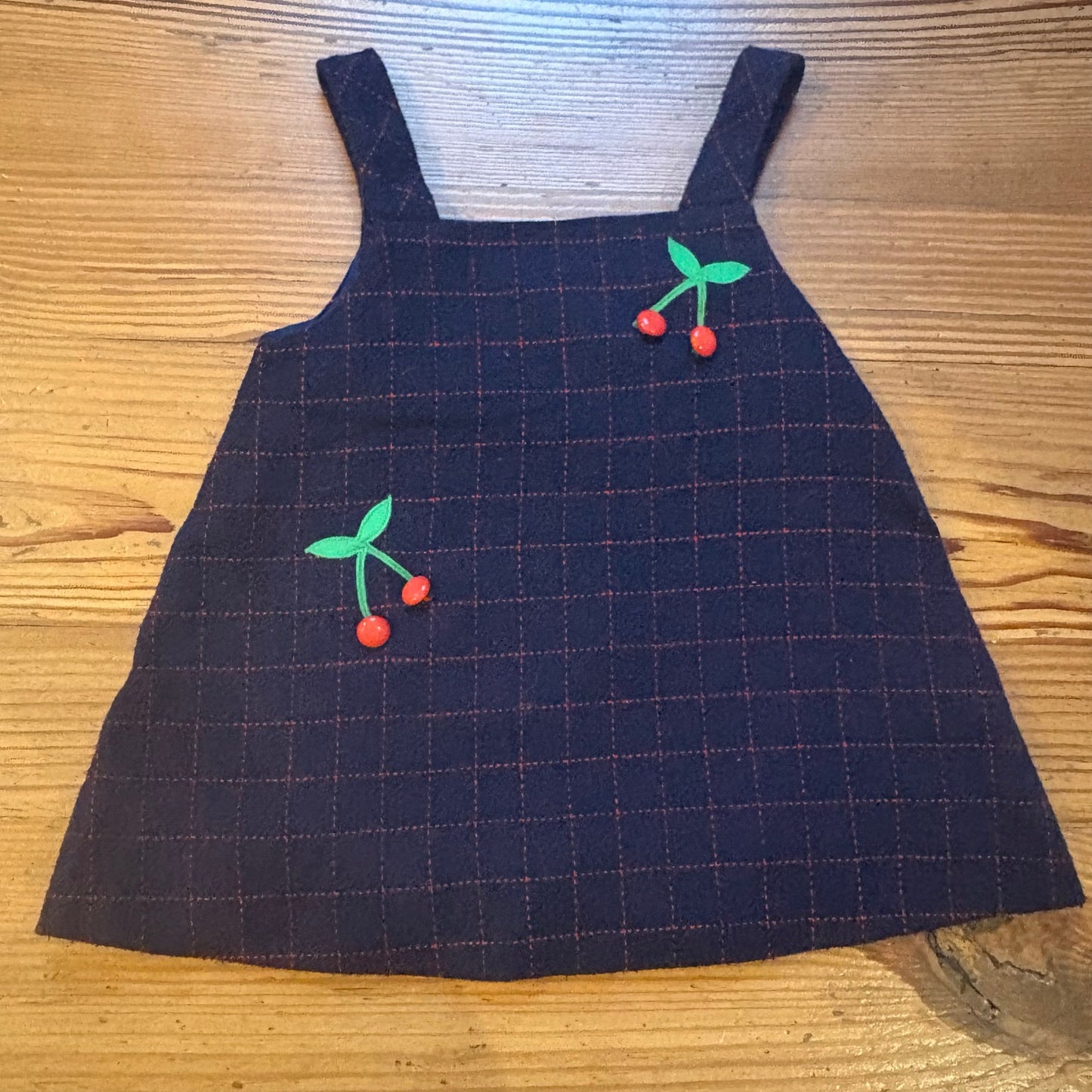 Vintage dark navy blue cherry wool embroidered beaded baby overall skirt SIZE 2T