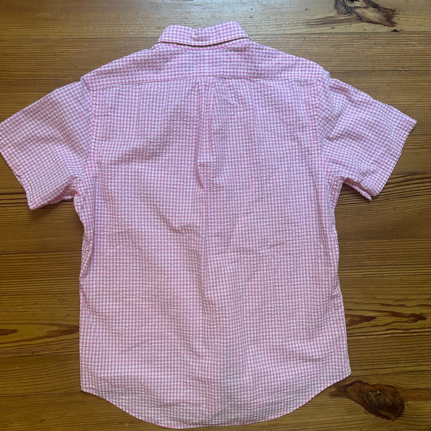 Ralph Lauren pink white check seersucker short sleeve button up shirt SIZE L