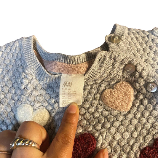H&M light gray popcorn knit heart embroidered crew sweater SIZE 12-18M