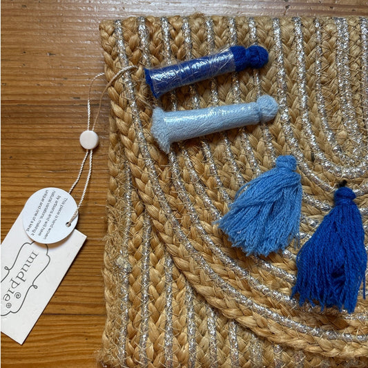 NWT Mud Pie blue tassel metallic jute clutch