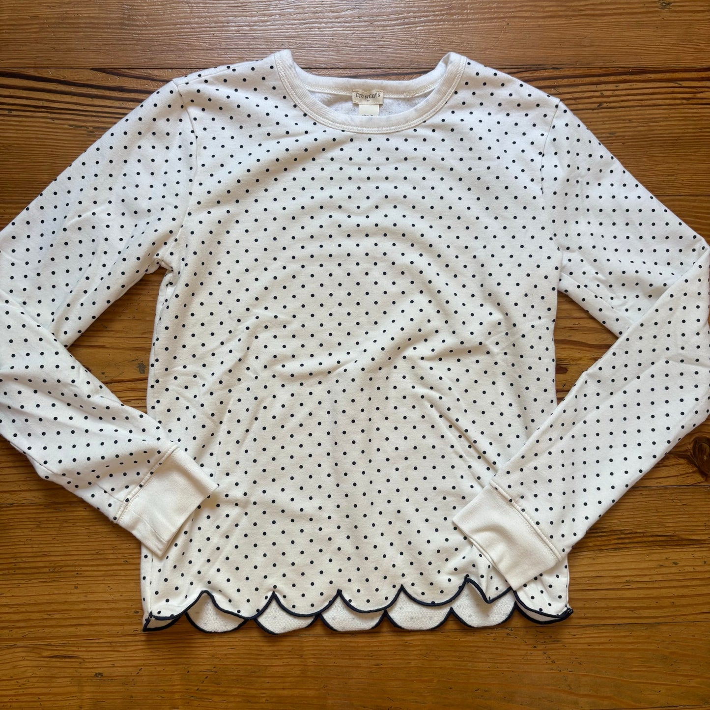 Crewcuts white black polka dot long sleeve scalloped hem girls shirt SIZE XL