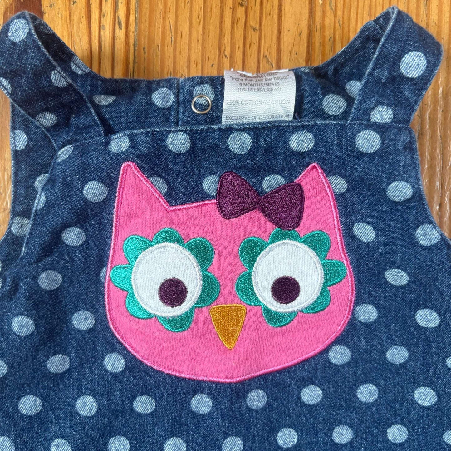 Baby Essentials 90s jean owl sleeveless ruffle bottom baby dress SIZE 9M