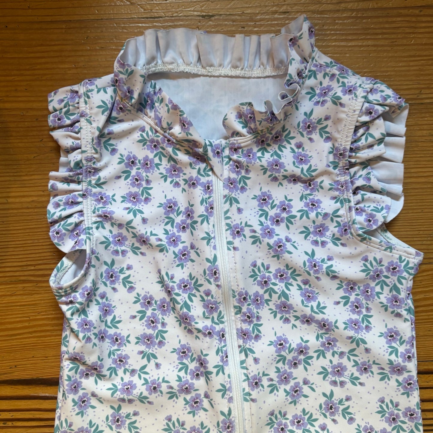 Shein white purple floral ruffle sleeve collar zip front swimsuit SIZE 7