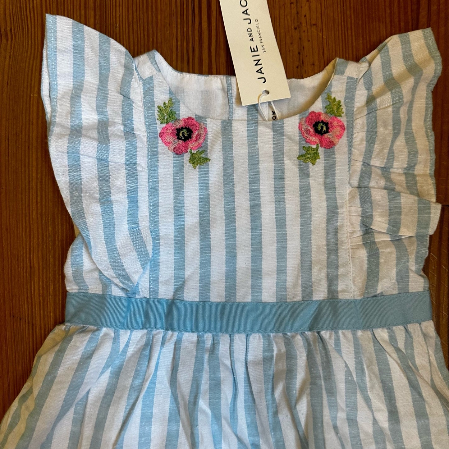 NWT Janie and Jack blue white striped floral embroidery dress SIZE 3-6M