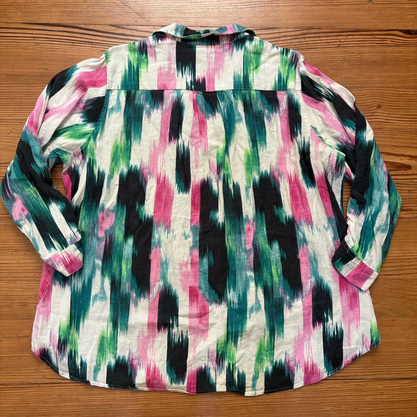 For Cynthia black pink colorful linen blend plunge neckline blouse shirt SIZE 1X