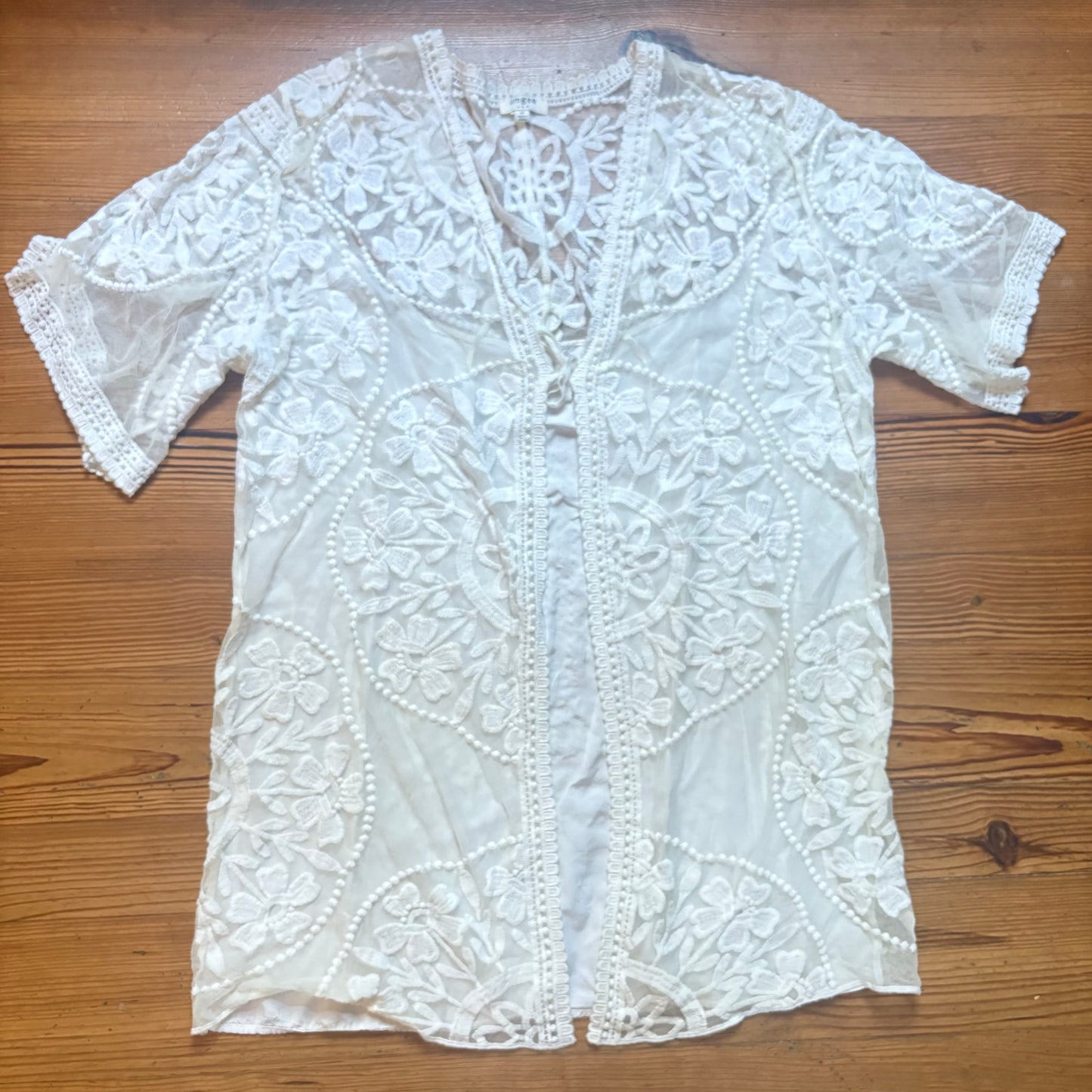 Umgee white lace sheer tie front short sleeve tunic shirt SIZE M