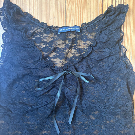 Brandy Melville black lace sheer babydoll ribbon bow tank SIZE OS