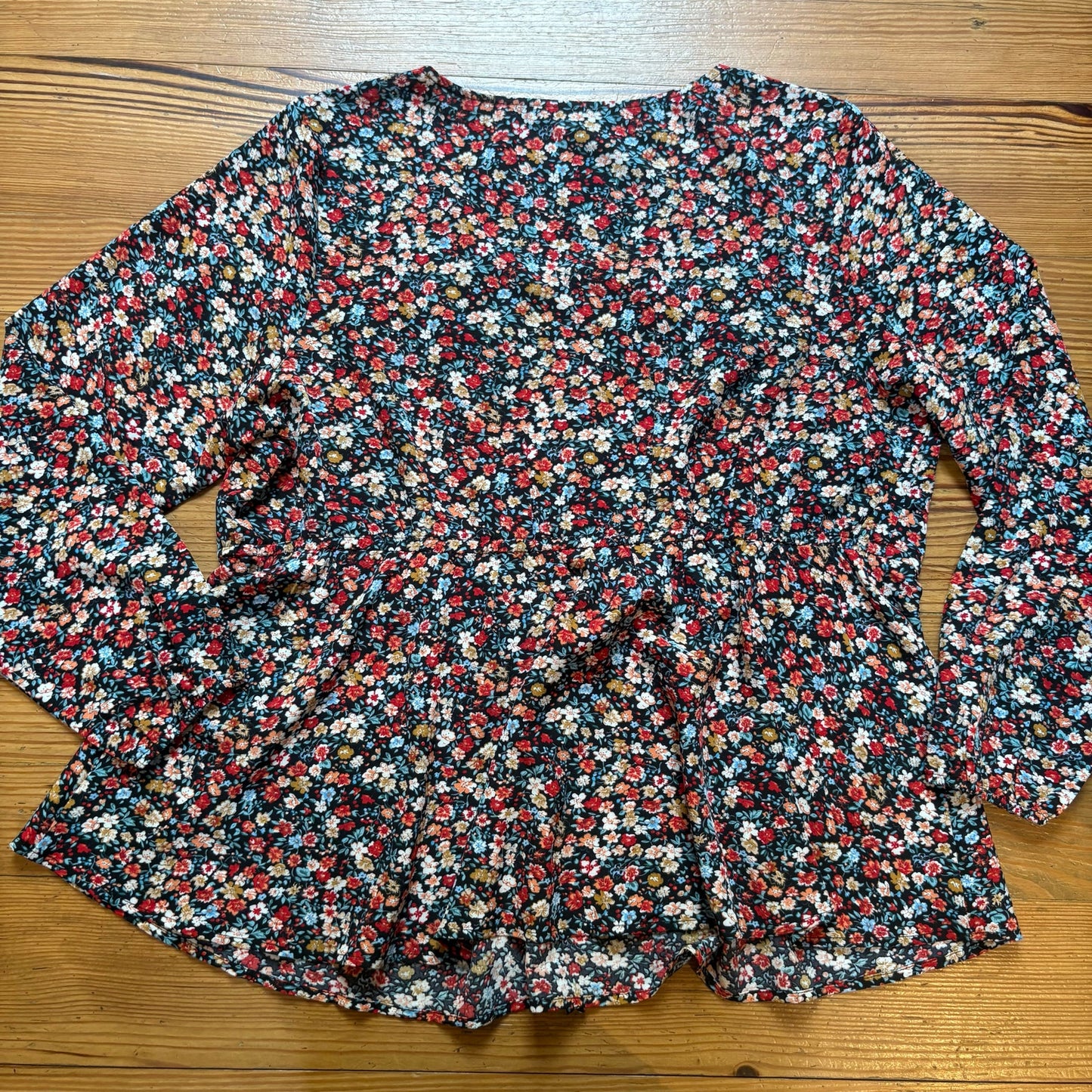 Agnes Orinda black floral long sleeve adjustable waist tunic shirt SIZE XL