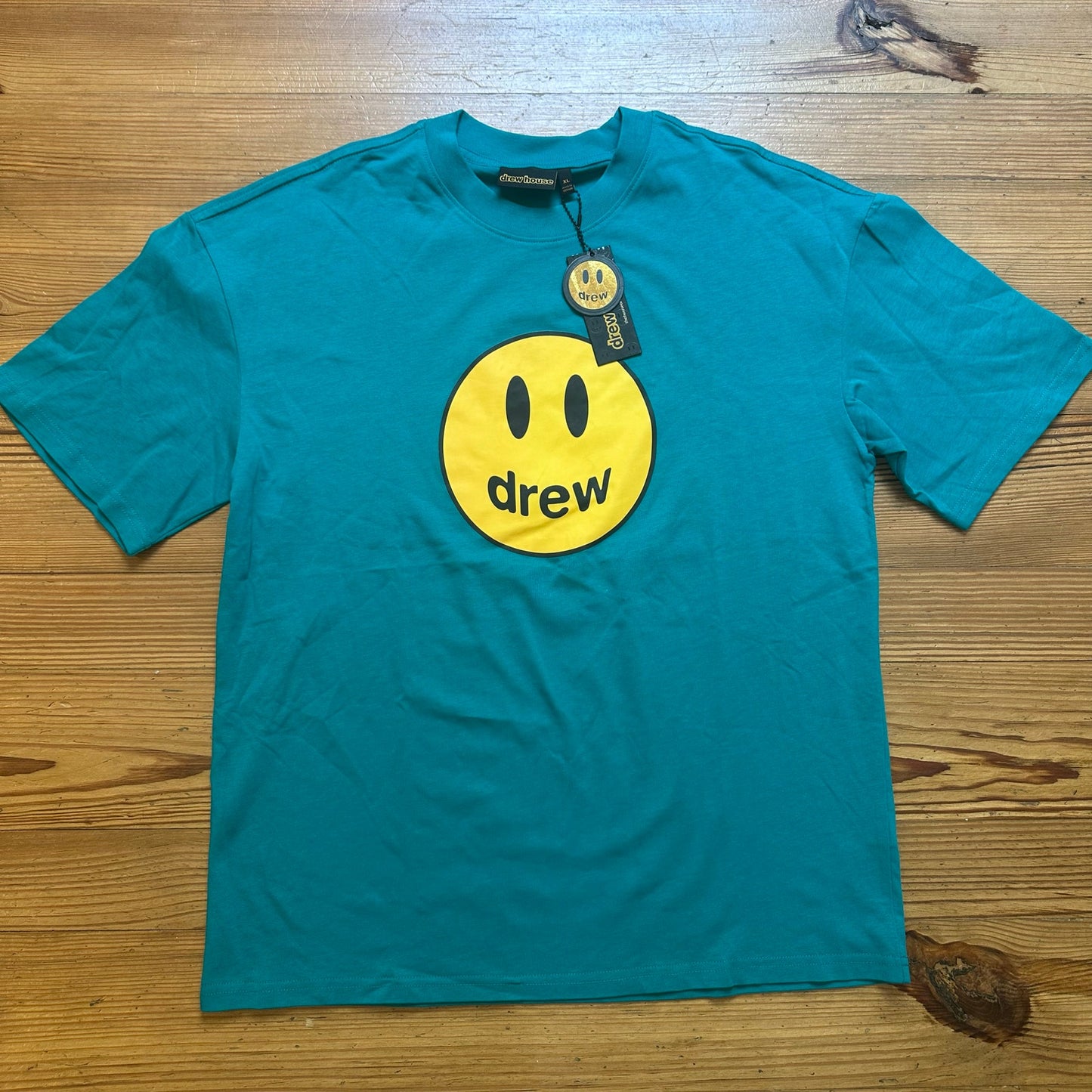 NWT Drew House teal yellow smily face short sleeve graphic shirt SIZE XL
